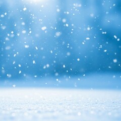 Fototapeta premium Falling white snowflakes against a soft blue sky backdrop Fresh snow covers the ground with a sparkling bokeh effect
