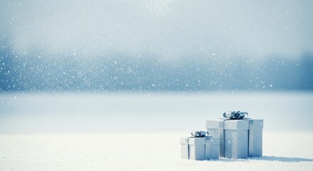 Two wrapped gift boxes with silver ribbons resting on fresh white snow during a serene winter snowfall