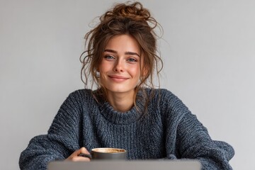 Serene Morning Ritual: A young woman, adorned in a cozy sweater, savors a warm beverage while gazing toward the camera, exuding a sense of peace and contentment.