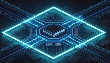 Digital Circuitry: An abstract representation of interconnected circuitry comes to life with glowing lines and a dynamic central processor. Evoking the essence of modern technology and connectivity.