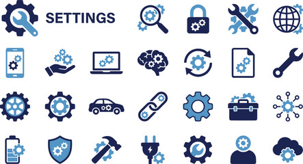 Essential Modern Flat Vector User Interface Icon Set Representing Settings, Options, Configuration, Administration, Gear, Tools, Maintenance, Technology, and Digital Optimization Symbols.