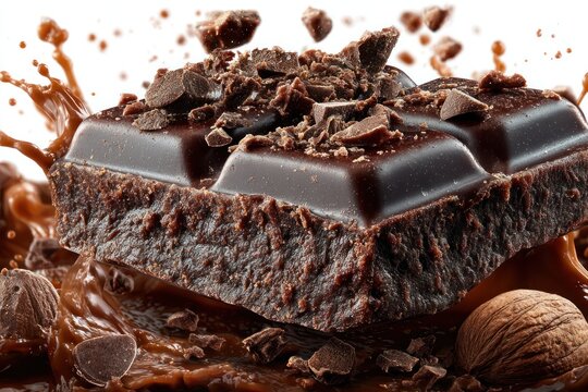 Decadent Chocolate Delight: A delectable dark chocolate bar, garnished with luscious chocolate shavings and set amidst a cascade of rich chocolate sauce, evoking pure indulgence.