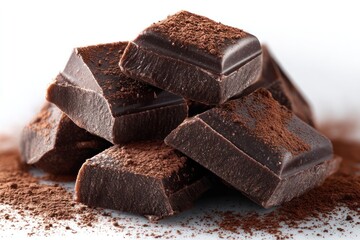 Decadent Chocolate Delights: A close-up showcases a tempting pile of rich, dark chocolate chunks, dusted with cocoa powder, inviting indulgence.