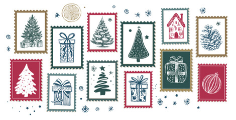 Christmas stamps, hand drawn illustrations.