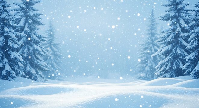 Bright winter scene with falling snowflakes snow laden evergreen trees and pristine snowdrifts - Powered by Adobe