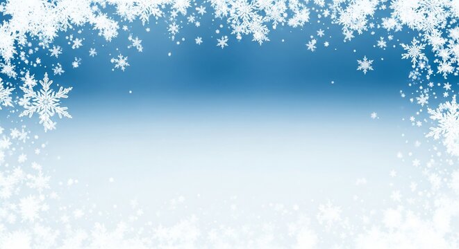 Vibrant blue gradient background with numerous white snowflakes densely scattered forming frosty borders
