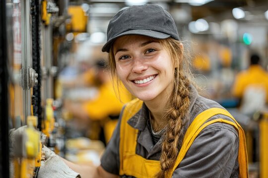 Smiling Worker in Industry: A cheerful industrial worker smiles confidently, framed by machinery, showcasing hard work and dedication within a dynamic work environment.