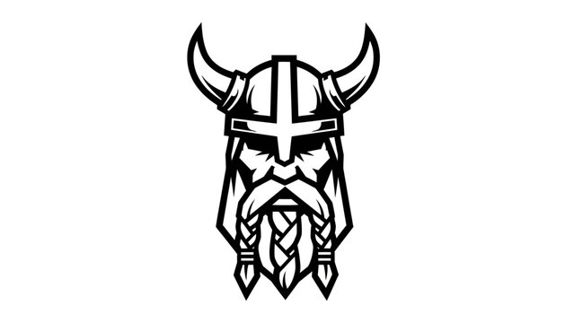 Viking Warrior Head with Horned Helmet and Braided Beard Illustration.