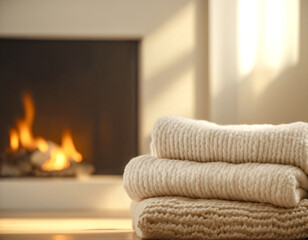 Cozy stack of folded cream knit blankets with a blurred fireplace background. Warm winter hygge home concept.