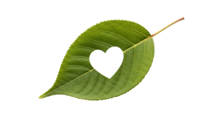 Green leaf with heart shaped hole isolated on transparent background