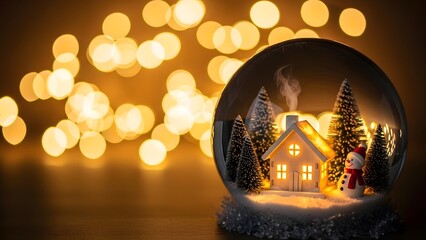A snow globe with a glowing house, snowman, and trees, set against a warm bokeh light background.