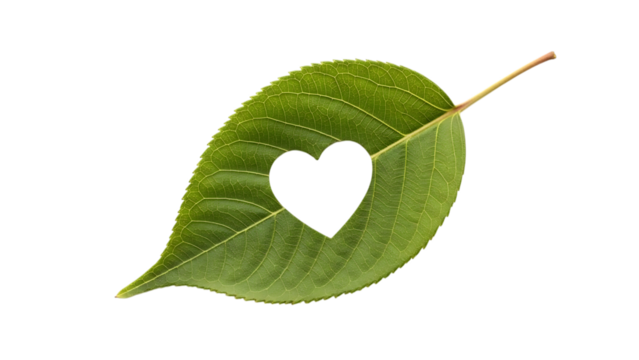Green leaf with heart shaped hole isolated on transparent background