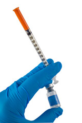 medical syringe and glass vial isolated on white background hand in blue protective glove holding injection kit with copy space for banner design concept of cosmetology, vaccination, healthcare