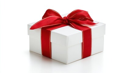 A simple white gift box tied with a vibrant red ribbon is presented against a clean white background.