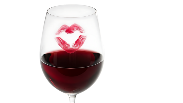 Red wine in a glass with heart shape isolated on transparent background