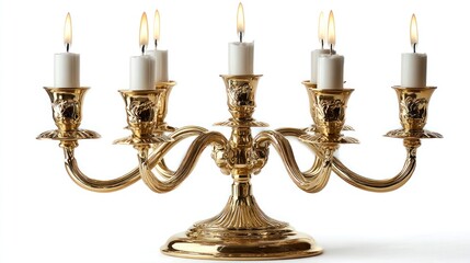 A vintage ornate gold candelabra holding seven burning white candles on a white background.