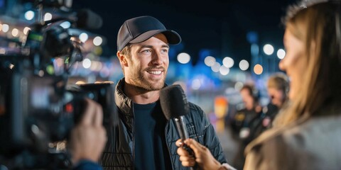 Naklejka premium Smiling man giving interview at Abu Dhabi Formula One paddock at night. Concept of communication, emotion, event atmosphere for media, reporting, promo and storytelling.