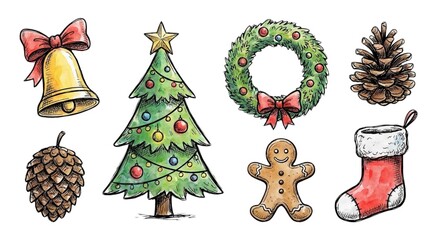 christmas tree decorations set isolated on the white background 