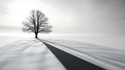 Solitary bare tree casts a long dramatic shadow across a vast snowy landscape under a bright sky