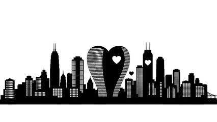 Dark cityscape silhouette with light streaks isolated on transparent background