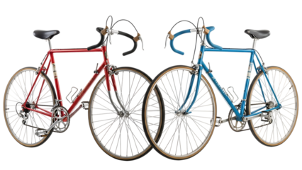 Two vintage road bicycles red and blue isolated on transparent background