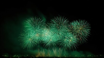 Green fireworks burst in the night sky creating a stunning spectacle
