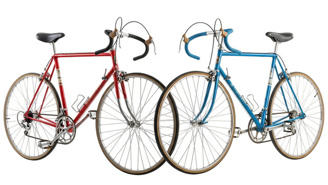 Two vintage road bicycles red and blue isolated on transparent background