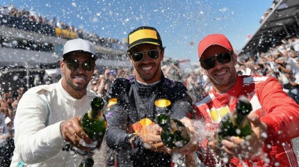Three racing drivers spraying champagne in front of cheering crowd. Concept of sports advertising, team branding, motivational messaging and emotional triumph.