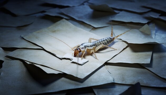 Silverfish Insect Pest on a Pile of Old Torn Paper.