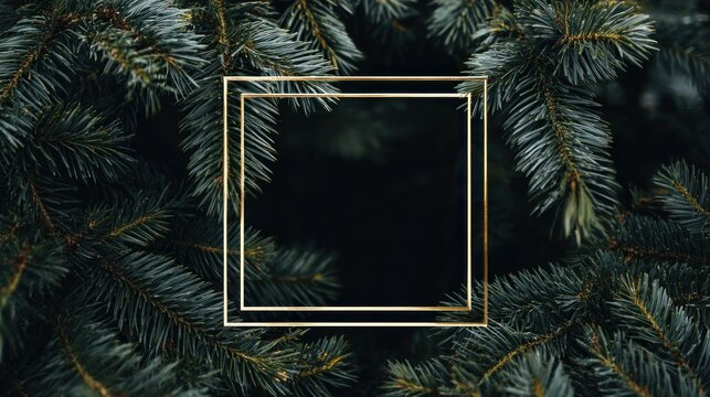 A metallic square frame rests on the dark green needles of a fir tree.