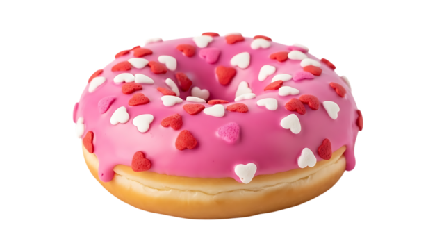 Delicious pink donut with heart sprinkles isolated on transparent background