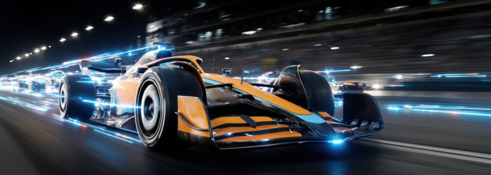 Futuristic Formula 1 car speeding at night with blue neon light trails. Concept of electric mobility promotion, tech advertising, dynamic poster visuals and emotional energy.