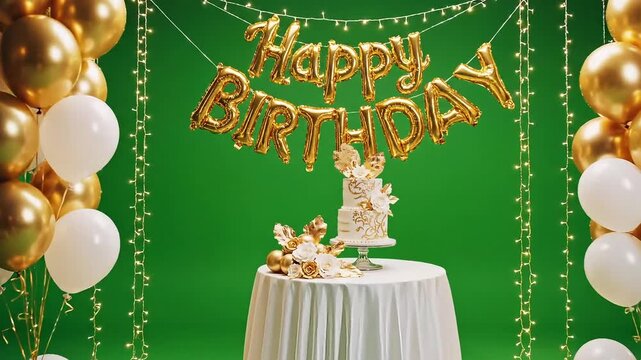 Elegant birthday celebration setup with a tiered cake and festive gold balloons against a vibrant green backdrop.