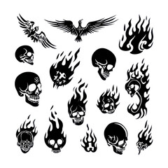 Set of 15 flaming skull tattoo icons in black silhouette isolated on Transparent Background