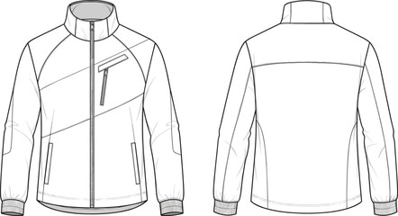Vector technical sketch fashion designer professional apparel blueprint drawing jacket coat sportswear windbreaker bomber outerwear template mock-up illustration editable design garment flat.