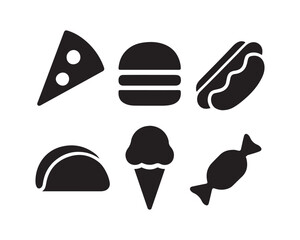 pizza slice triangle, stacked & layered burger, classic hotdog bun, , popcorn bucket, soft drink cup, and nacho chips, french fry box, a soda cup with straw, and a chicken drumstick, taco shell, an ic