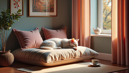 Domestic cat sleeping soundly on cushion in ambient light, a cozy scene. White shorthair is curled up on soft cushion, bathed in soft, natural light.