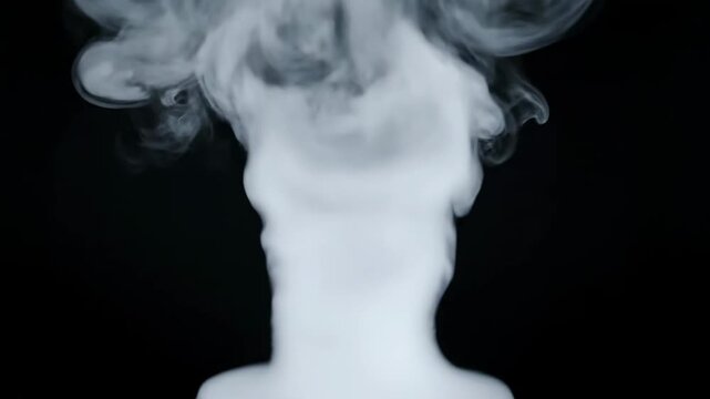A thick column of ethereal white smoke billows and swirls upwards against a stark black background, creating a mysterious and abstract visual effect