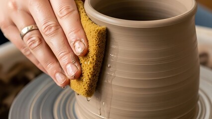Hands shaping pottery on spinning wheel, with precision and dedication