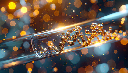 Molecular Marvels: A mesmerizing display of a DNA helix captured within a glass tube, illuminated with dynamic bokeh lights. Demonstrating the essence of science and innovation.