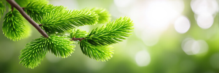 Fresh green pine branch christmas scene with soft sunlight and delicate new needles