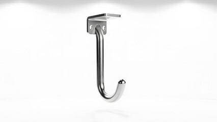 Single hook isolated: a pristine metal hook, designed with sleekness and simplicity, ideal for minimalist settings and focused on the functional appeal of organization.