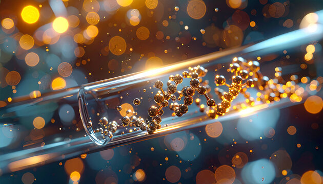 Molecular Marvels: A mesmerizing display of a DNA helix captured within a glass tube, illuminated with dynamic bokeh lights. Demonstrating the essence of science and innovation. - Powered by Adobe
