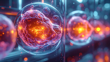 Cellular Symphony: A vibrant micro-cosmos of cells, illuminated with an inner light, floats in a fluid environment, revealing the intricate structures that form the foundation of life.