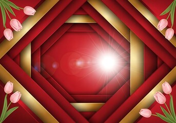 Abstract luminous background with geometric shapes, tulips and vibrant colors