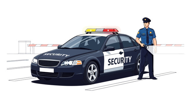 Security guard stands beside a dark car with flashing lights on a road.
