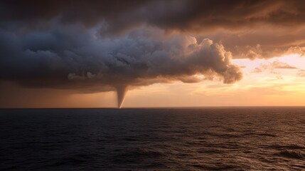 Obraz premium Dramatic waterspout forming over the ocean at sunset under stormy skies