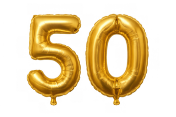 Gold number 50 foil balloon symbolizing a birthday, anniversary, or important celebration milestone, having a transparent background