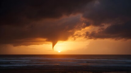 Fototapeta premium A dramatic waterspout descends from stormy clouds over the ocean during a vibrant sunset