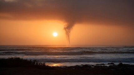 A dramatic waterspout forms over the ocean at sunset during golden hour